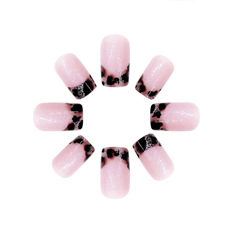 SINHOT Square Press on Nails Short Fake Nails Glossy Glue on Nails Leopard Print Acrylic Nails Bling Glitter Squoval Artificial Nails French Tip Stick on False Nails with Design 24 pcs - Image 3